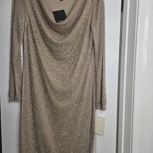 MARINA Long Sleeve Tan Beaded Dress